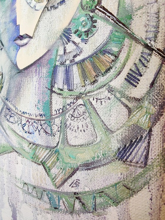 Through the time, steampunk, pale lilac painting with a woman's face and a clockwork, embroidery