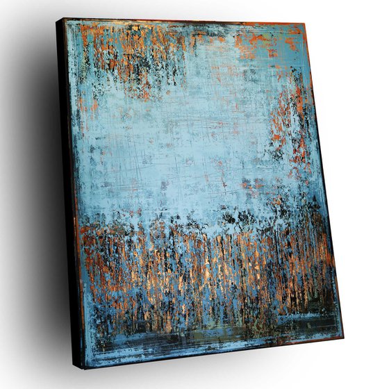 COOLING DOWN - 150 x 120 CM - TEXTURED ACRYLIC PAINTING ON CANVAS * BLUE * GOLD