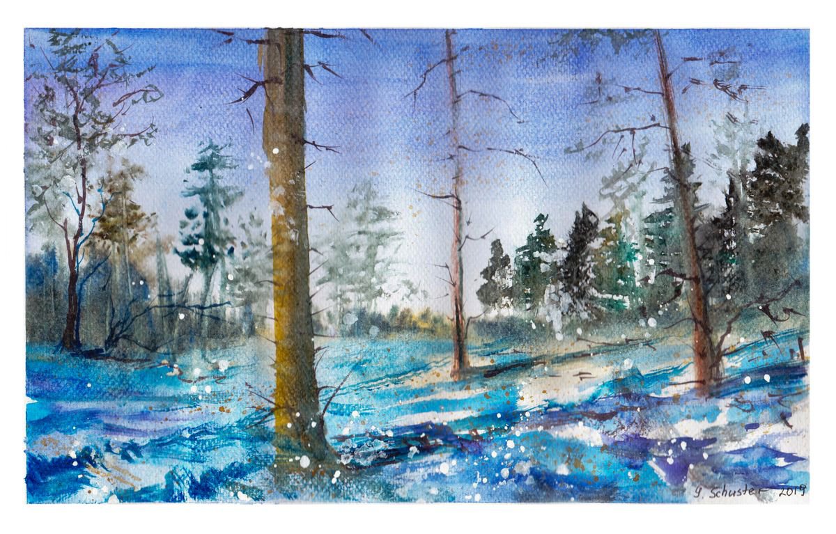Impressionistic Landscape Watercolour By Yulia Schuster, 11 X 7", Winter Day V1, Original Artwork