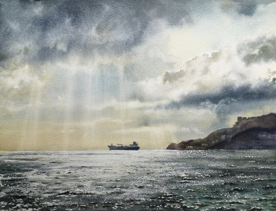 Seascape with Cargo Ship