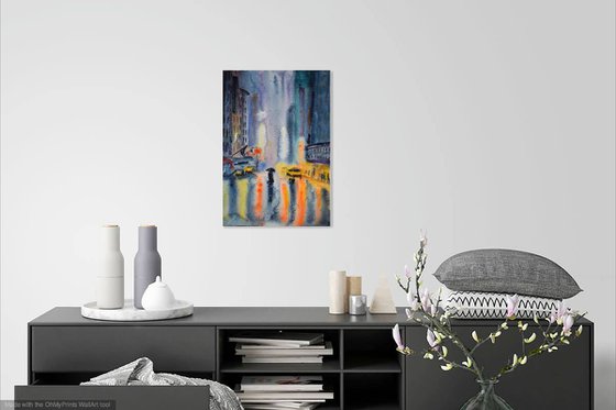 Rainy night New York original watercolor painting, abstract cityscape