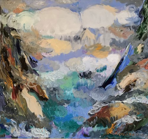 SULAK CANYON CLOUDS - Mountainscape, mountain landscape, original painting oil on canvas, sky blue summit, gift by Karakhan