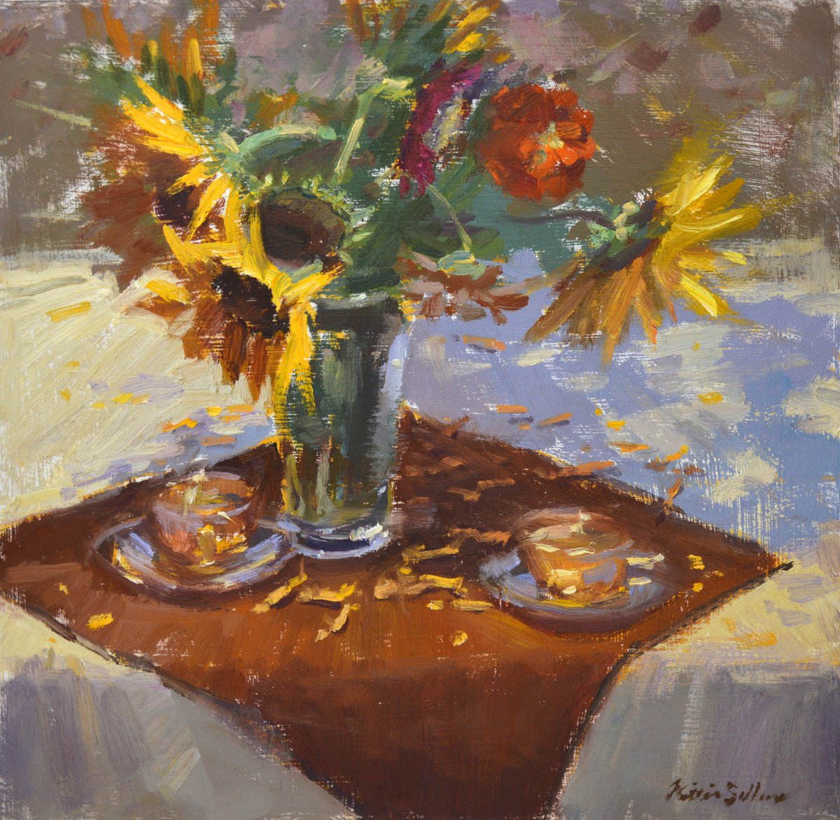 Impressionistic Still Life Oil Painting By Kristina Sellers, 12 X 12", Autumn Tea, Original Artwork