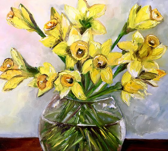 Bouquet of Daffodils #4 on wooden  table, still life inspired by spring in a glass.