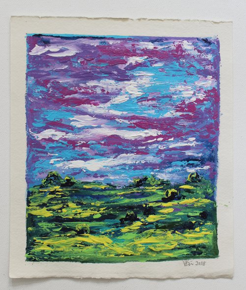 Violet sky - Impressionistic Magical Landscape acrylic painting on Handmade Paper - palette knife artwork by Vikashini Palanisamy