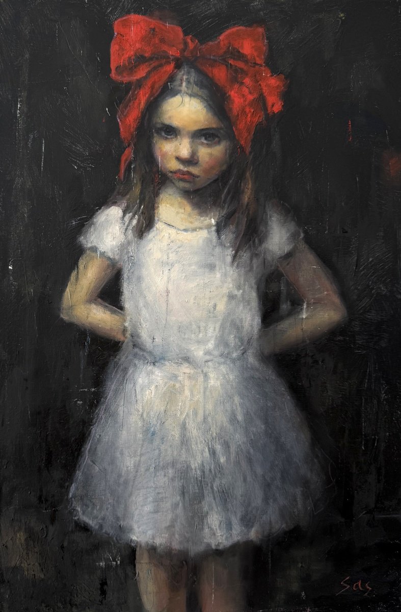 Photorealistic Portrait Oil Painting By Liubou Sas, 16 X 24", Why Is My Bow So Small?, Original Artwork