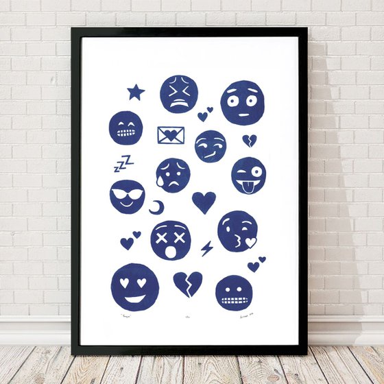 Emoji Print in Delft Blue - Framed - FREE UK Delivery