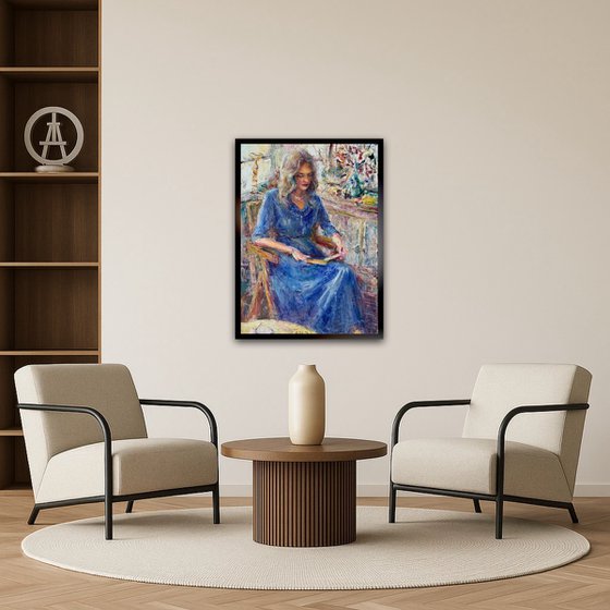 Woman in a blue dress