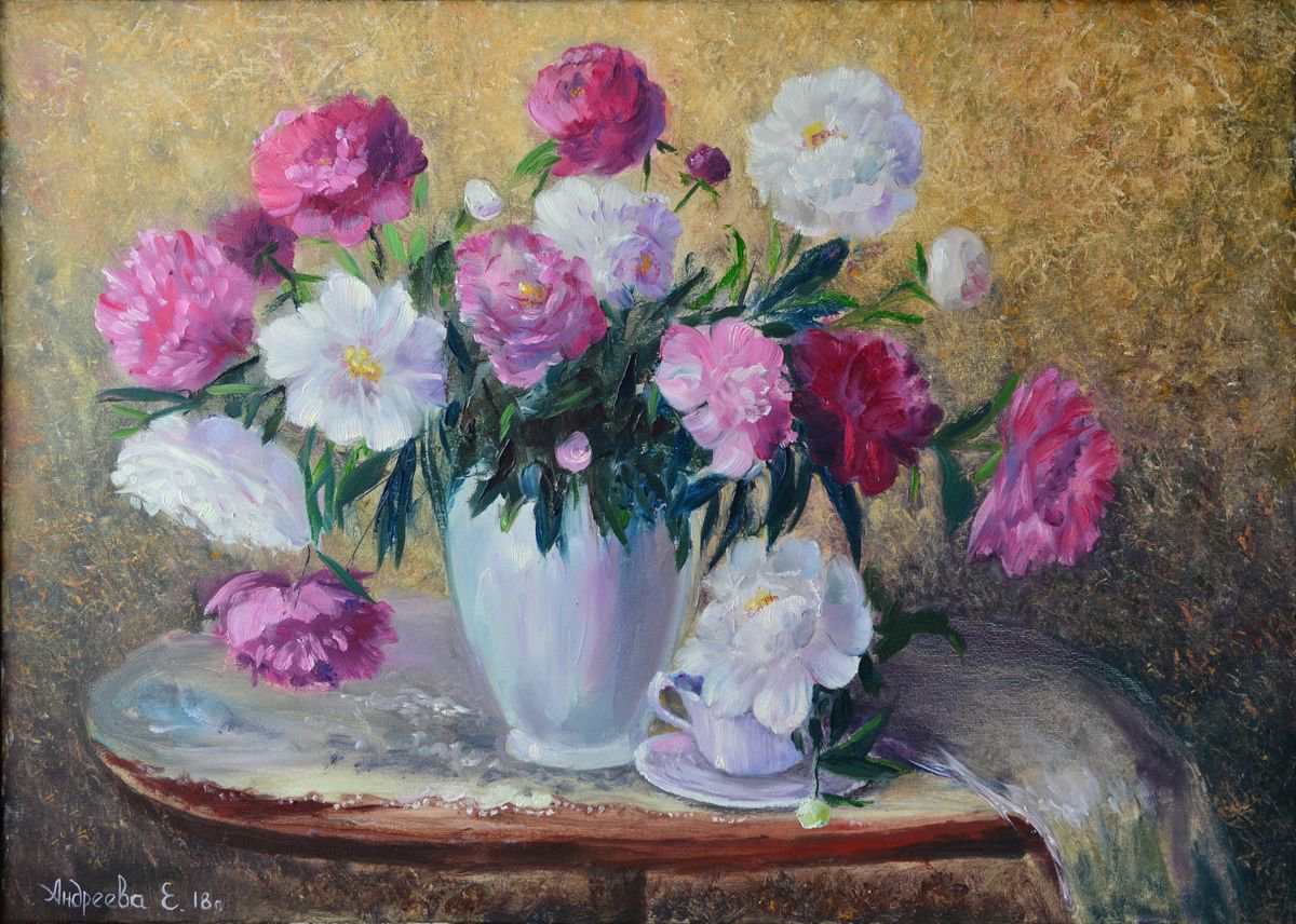 Peonies on the table by Helena Andreyeva