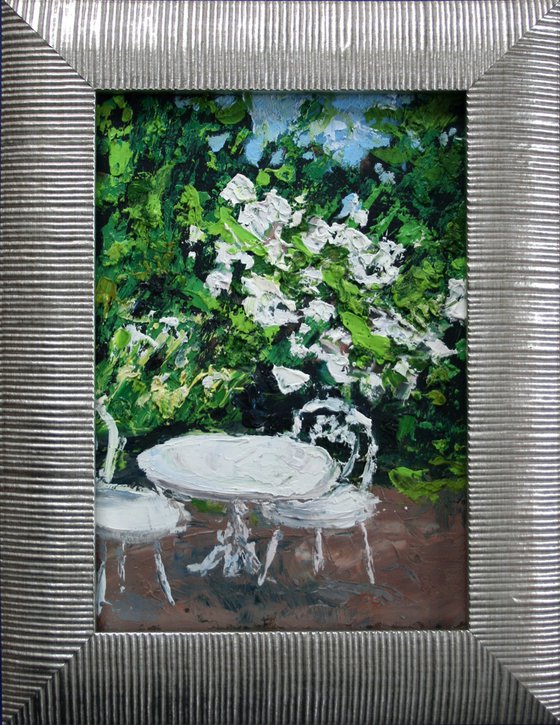 ROSES BLOOM IN THE GARDEN, framed / ORIGINAL OIL PAINTING