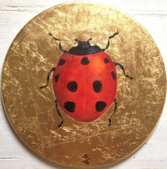 My Big Golden Ladybug n.2 Oil Painting on Oval Lacquered Golden Leaf Canvas Frame