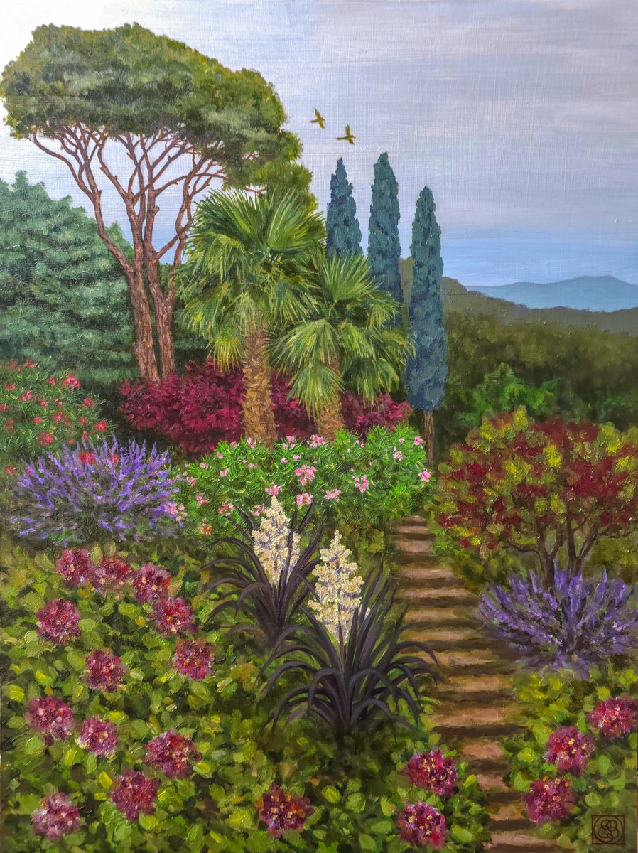 Impressionistic Landscape Oil Painting By Katia Bellini, 24 X 31", Overcast Mediterranean Gardens, Original Artwork