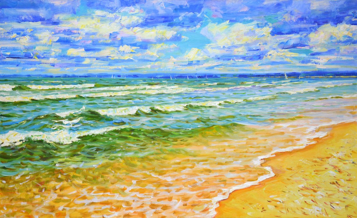 Expressive Landscape Acrylic Painting By Iryna Kastsova, 39 X 24, Sea. Yachts. Beach., Original Artwork
