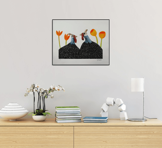 Guinea hens and flowers