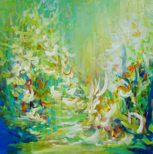 Abstract Forest Pond Painting. Floral Garden. Abstract Tropical Flowers and Birds. Original Blue Green Teal Painting on Canvas Modern Art (2021) by Sveta Osborne