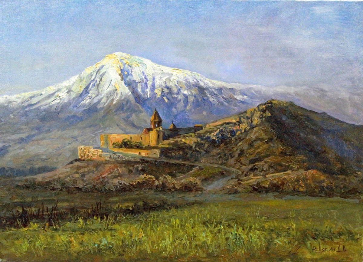 Mountain Ararat and Monastery Khor Virap. Painting from nature in Armenia by Dmitry Revyakin