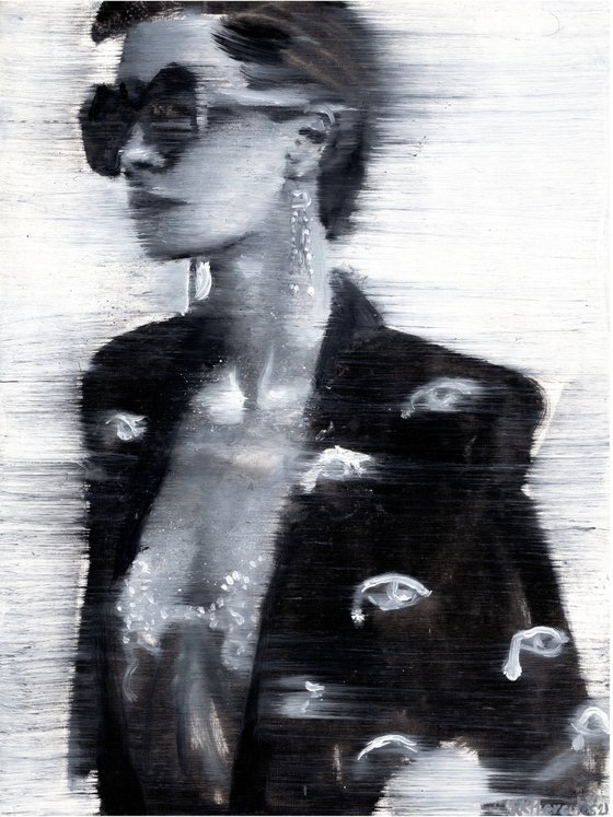 Natalia | Black and white high fashion woman oil painting on paper | beautiful powerful lady