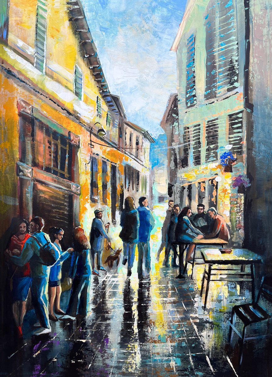 Impressionistic Landscape Acrylic Painting By Maria Kireev, 20 X 28", City Twilight In Como, Original Artwork