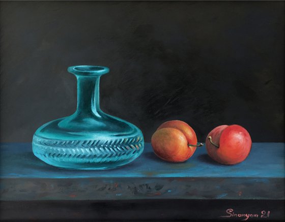Glass vase with plums (21x27cm, oil on panel)