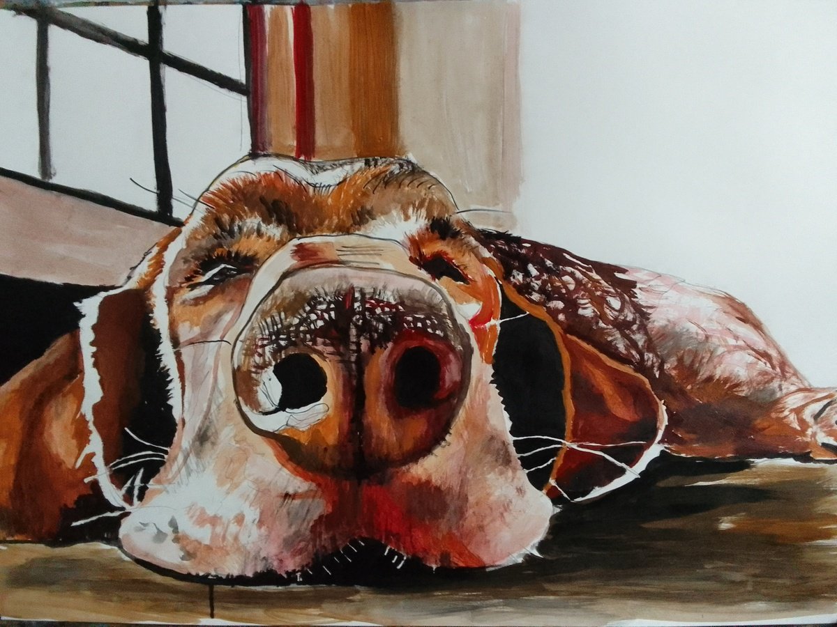 Photorealistic Animal Acrylic Painting By Soso Kumsiashvili, 33 X 24", Bassethound, Original Artwork