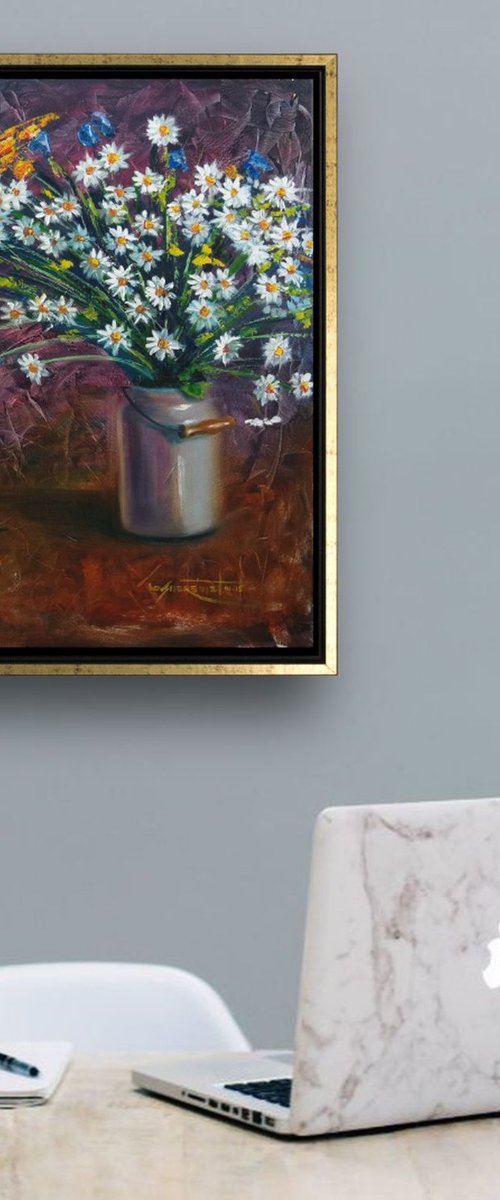 ‘CHAMOMILES IN A MILK CAN’ - Oil Painting on Canvas, Still Life with Flowers by Ion Sheremet