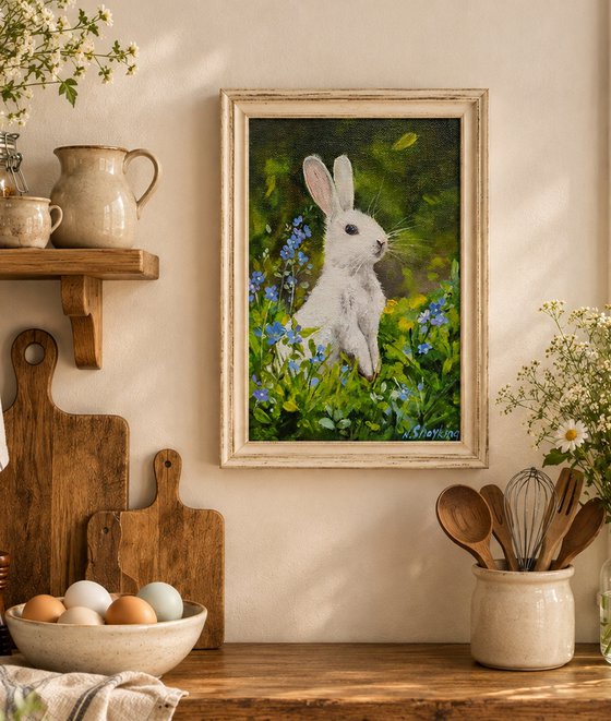 White Rabbit with Blue Flowers