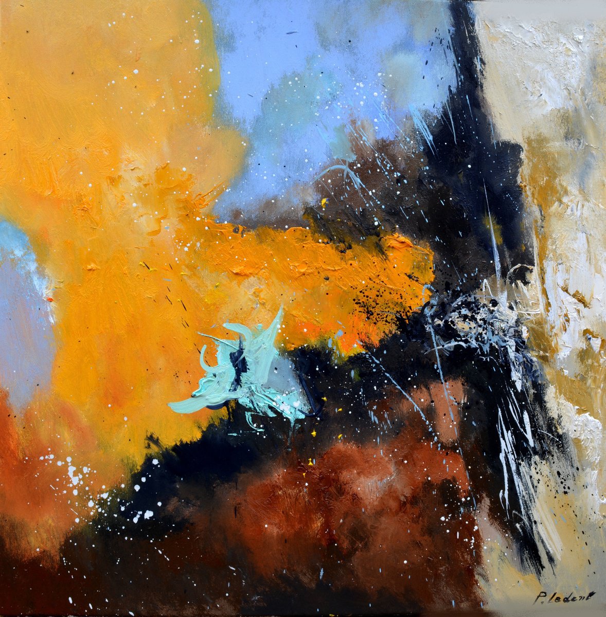 Abstract Oil Painting By Pol Henry Ledent, 24 X 24", Green Fish In The Red Sea, Original Artwork