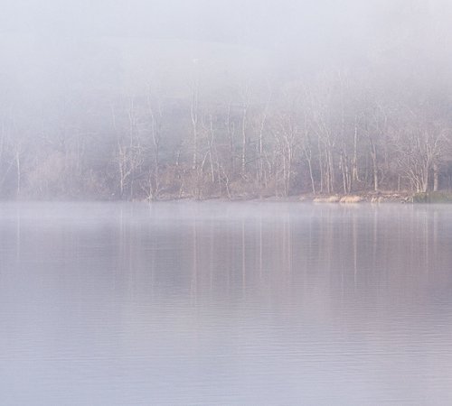 Ullswater Lake Boathouse in the mist Lake district England UK by Paul Nash