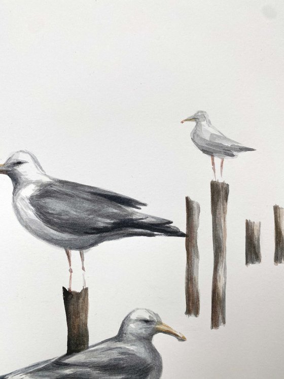 seagulls. One of a kind, original painting, handmade work, gift, watercolour art.