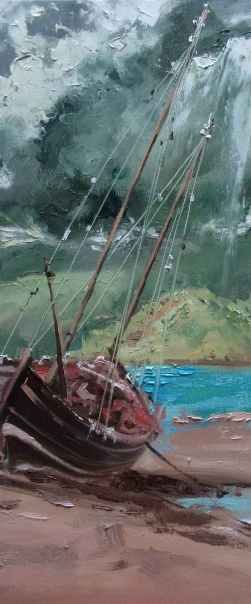 " LONELY BOAT " SHIP BOAT SAIL original painting palette knife GIFT MODERN URBAN ART OFFICE ART DECOR HOME DECOR GIFT IDEA by Monika Luniak