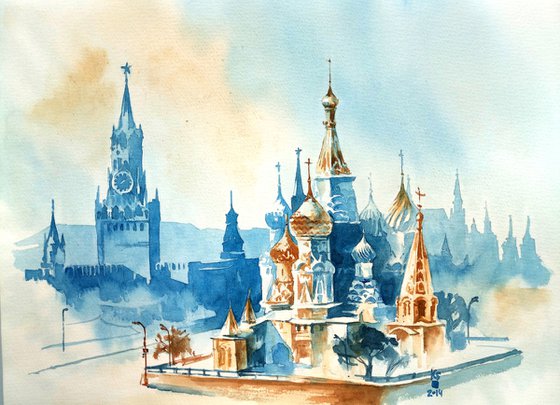 Architectural landscape "Red Square Ensemble in Moscow" original watercolor painting