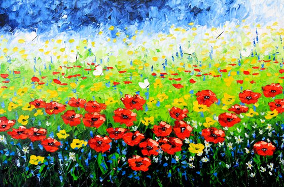 Field with poppies and daisies. Original oil painting on canvas.