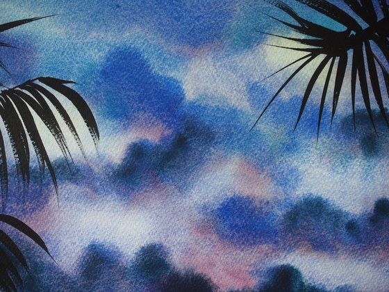 Tropical sunset - original watercolor, sky and palm leaves