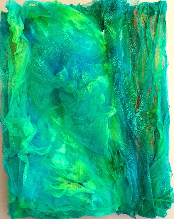 Abstract Painting Textile Art on Canvas Mixed Media Coral Reefs Ocean Tulle Art Emerald Seas