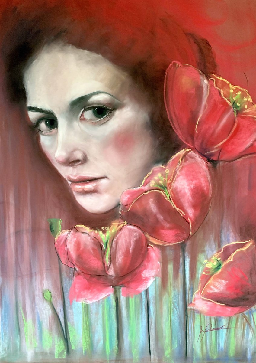 Expressive Portrait Pastel Drawing By Maria Romano, 20 X 27", Beyond The Red Field, Original Artwork