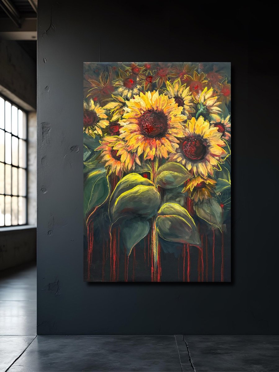 Abstract Botanical Oil Painting By Yuliia Poraiko, 37 X 55", Shot (Sunflowers), Original Artwork