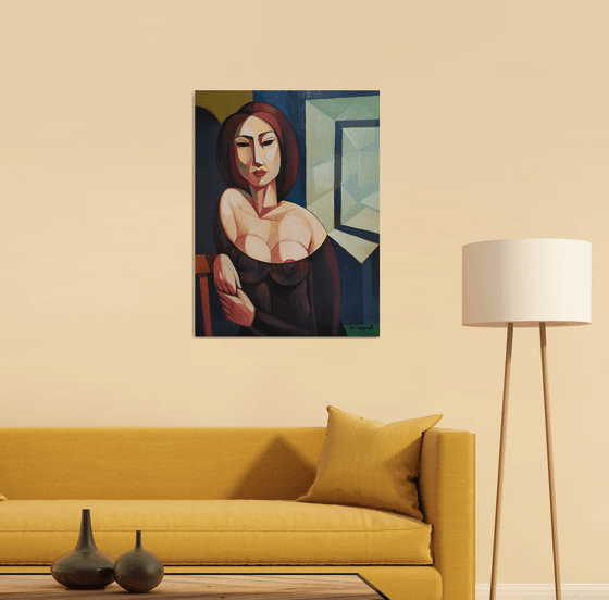 Waiting (60x80cm, cubism, oil painting, ready to hang)