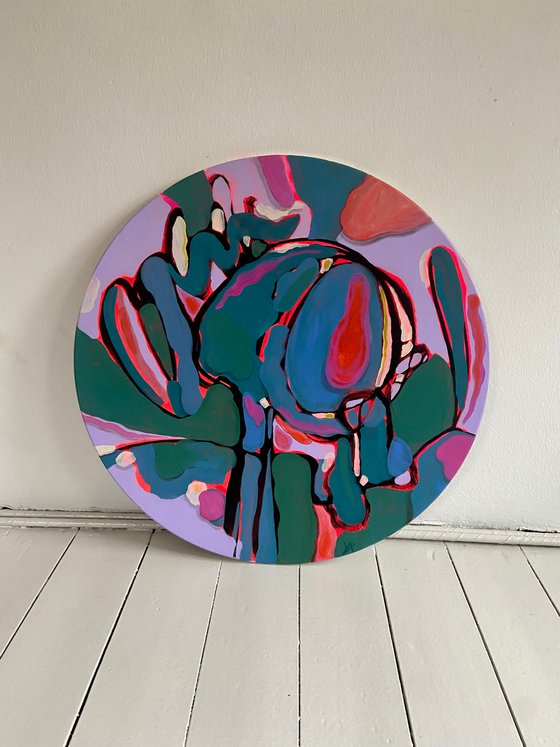 LITTLE LILIE - round canvas colourful painting, circular, water lilies, abstract flowers