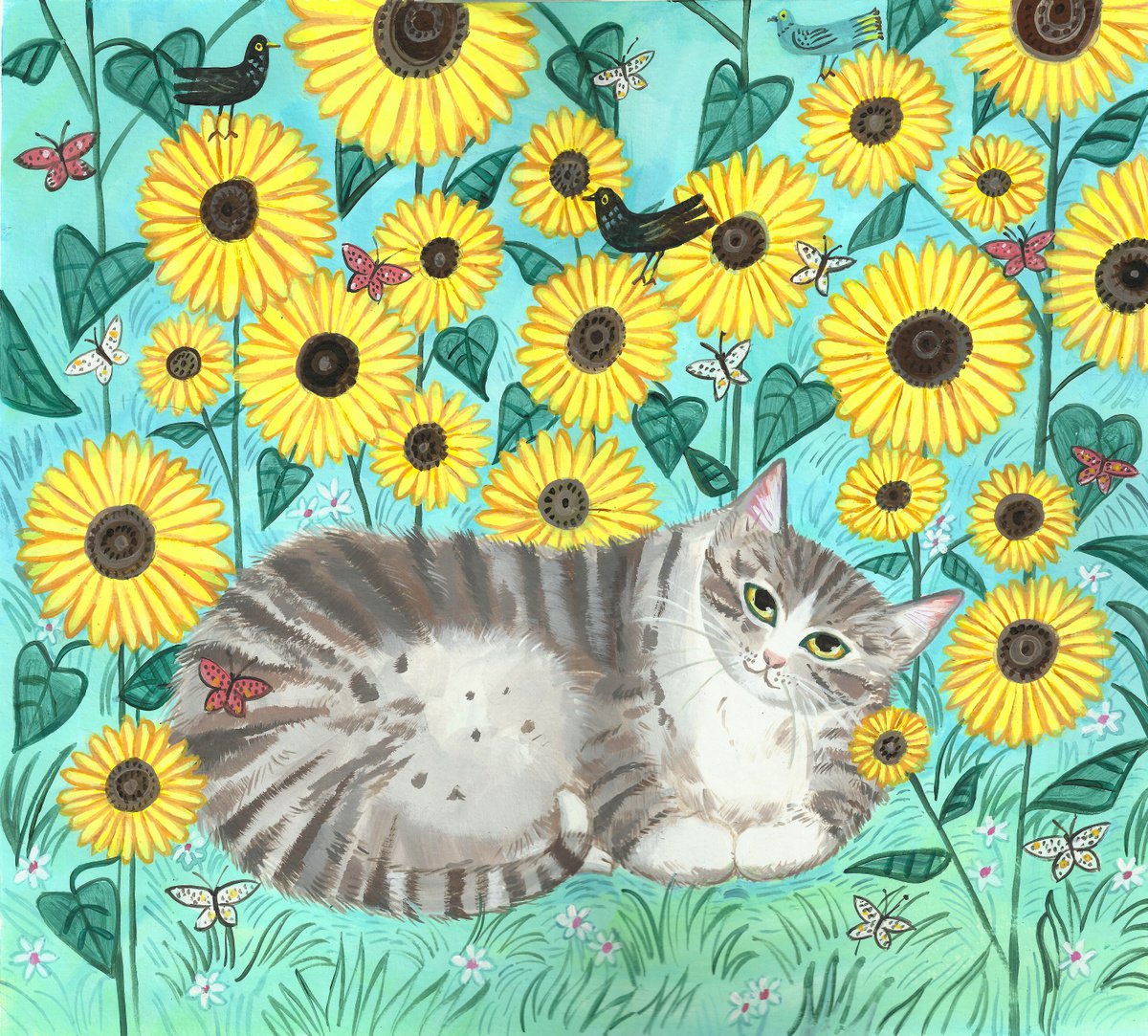 Illustrative Animal Acrylic Painting By Mary Stubberfield, 13 X 12", Tabby With Sunflowers, Original Artwork
