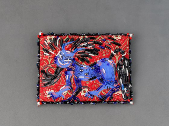 Blue lion, fantasy cat. Painting - Brooch