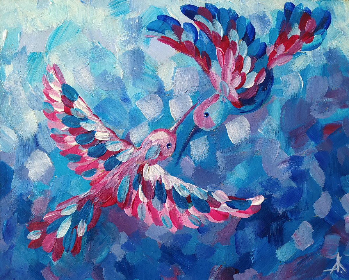Lovers in flight - birds, hummingbirds, love, animals acrylic painting, art bird, impressi... by Anastasia Kozorez