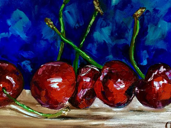 Cherries. Still life. Palette knife painting on linen canvas