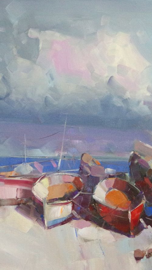 Boats on the Shore, Original oil painting, Handmade artwork, One of a kind by Vahe Yeremyan