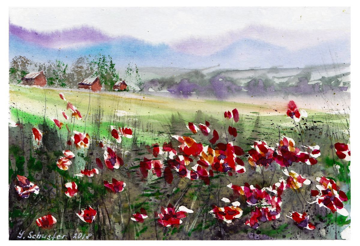 Poppies. Small watercolour painting size 15*21 cm by Yulia Schuster