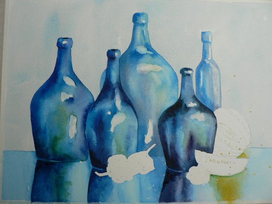 Symphony in Blue - watercolour bottlescape - original