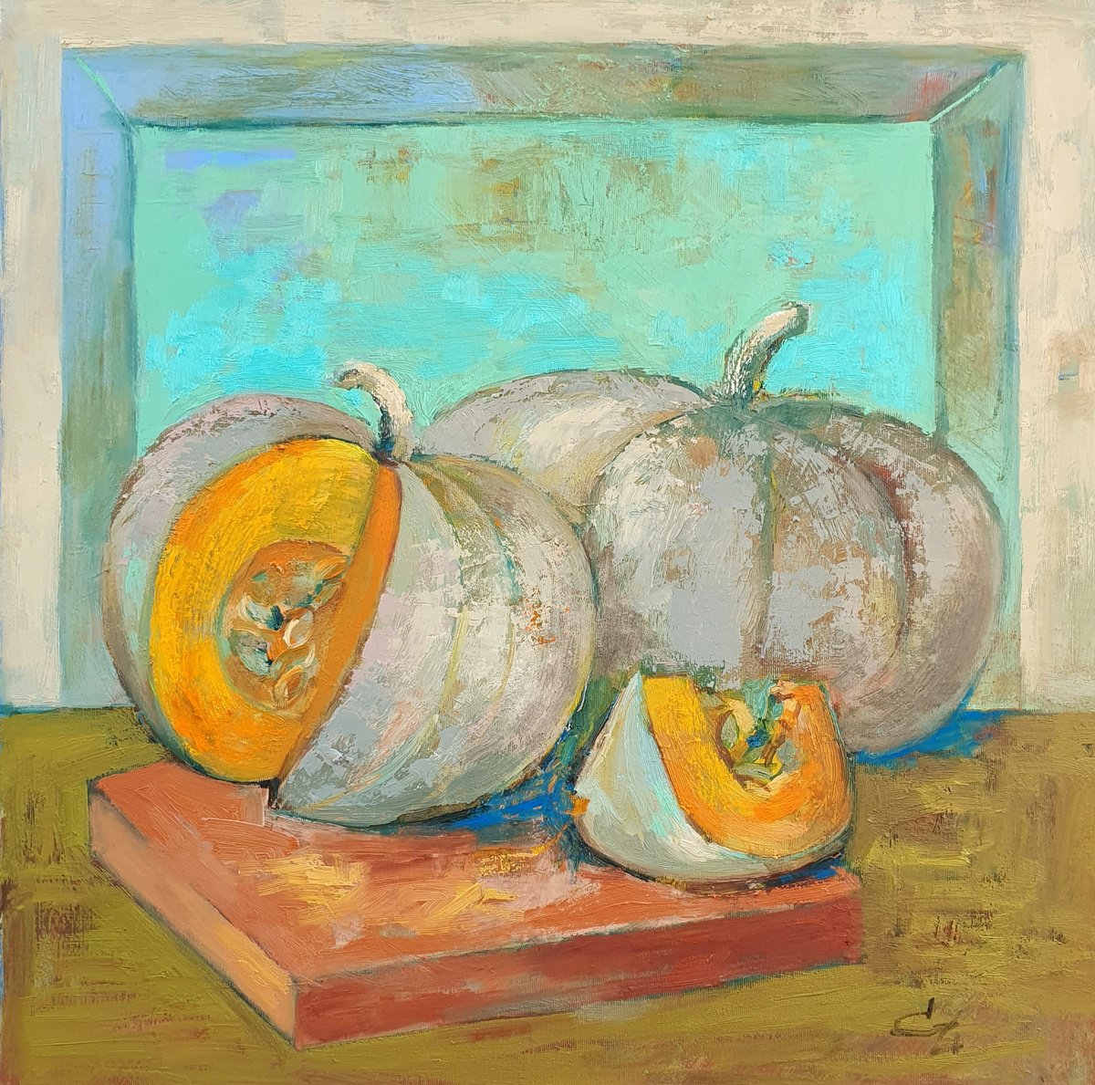Impressionistic Still Life Oil Painting By Victoria Cozmolici, 24 X 24", Sweet Pumpkins, Original Artwork