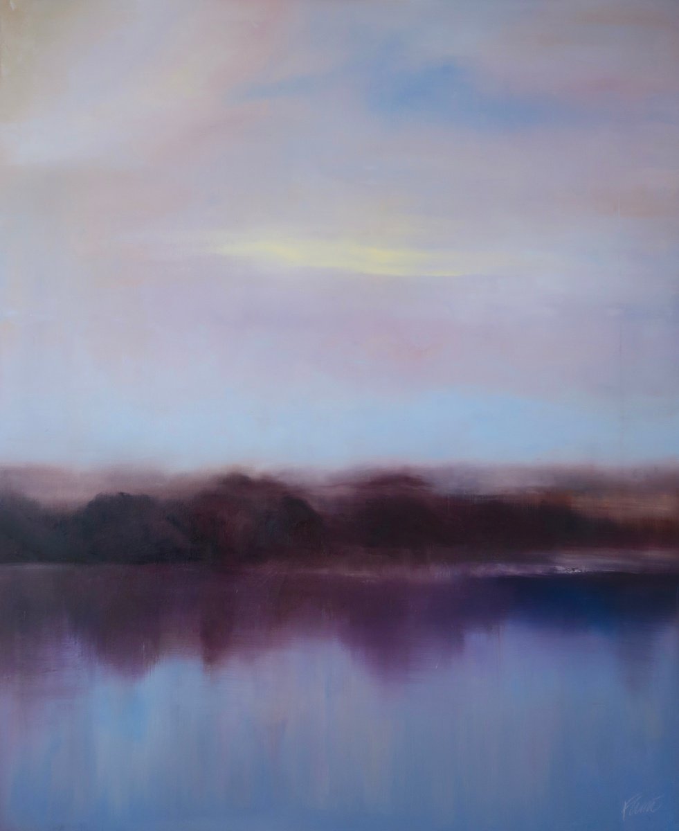 Organic Abstract Oil Painting By Francesca Currie, 40 X 47, Lake At Dawn, Original Artwork