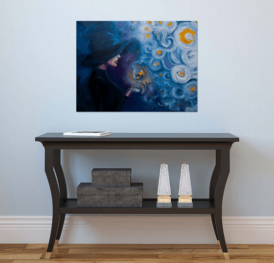 One sip of starry night- painting on canvas woman blue freedom infinity starry night moon magic home interior office art