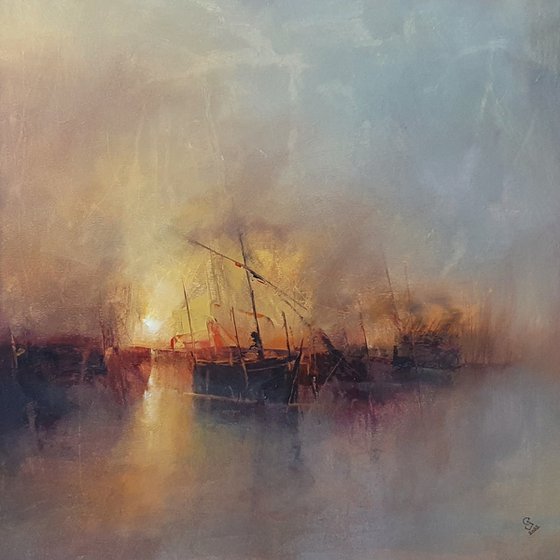 " Harbor of destroyed dreams - Hazy morning " W 70 x H 70 cm