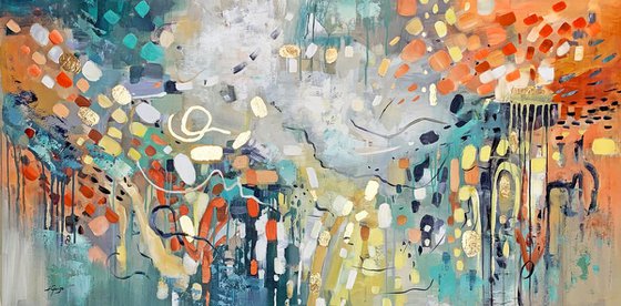 Rebirth - Abstract Painting 60" x 30" Large Abstract Gold Leaf Soft Colors White Gray Painting